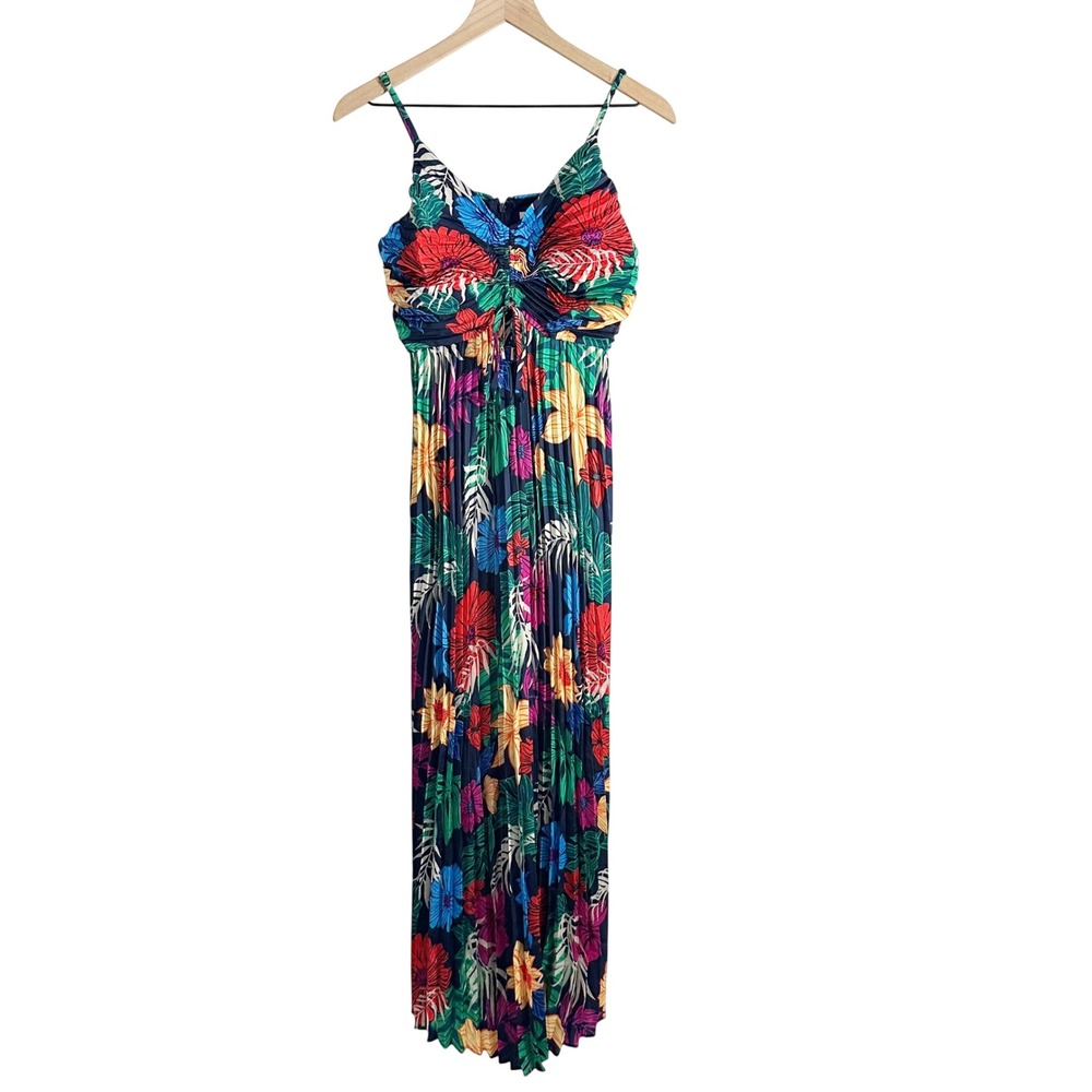 Skies Are Blue Tropical Floral Print Pleated Maxi Sun Dress Blue Green‎ Small